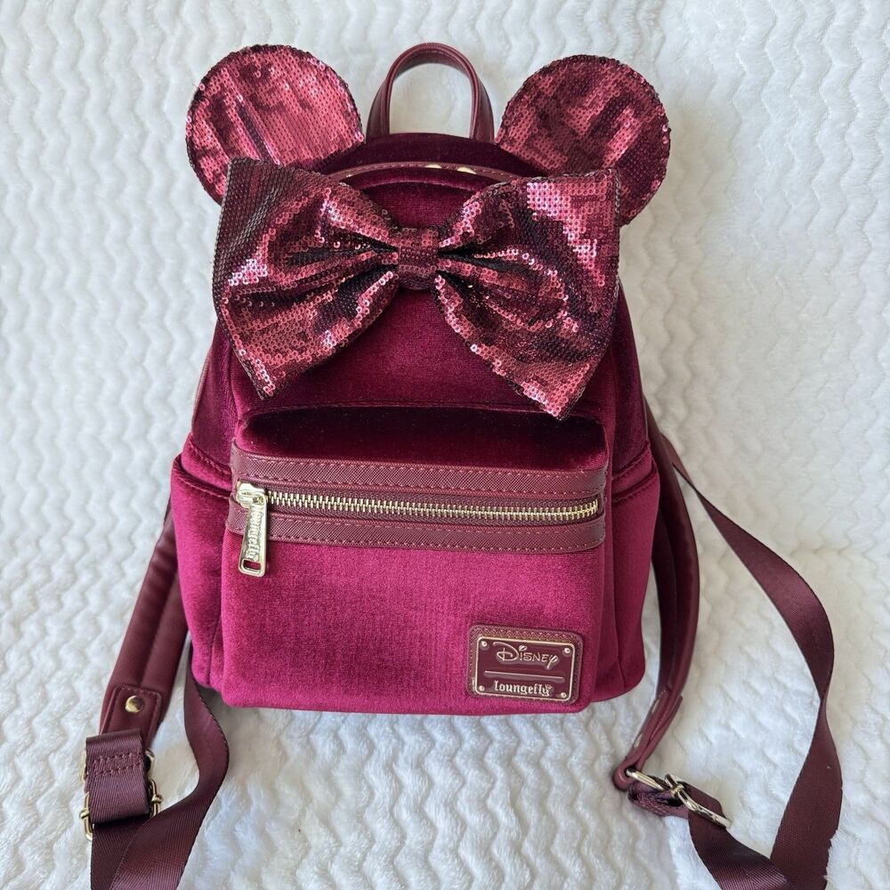 Loungefly Disney Velvet Minnie Mouse Sequined Ears Mini Backpack  Burgundy EUC